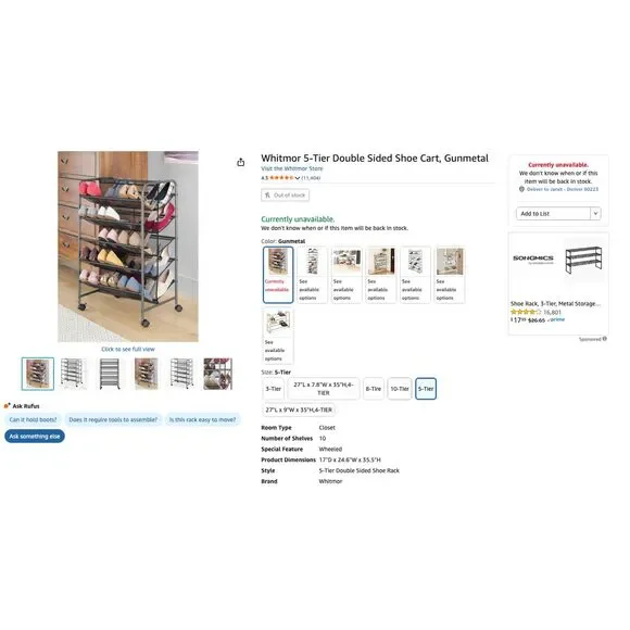 Whitmor 5-Tier Double Sided Rolling Shoe Rack – Gunmetal - Picture 1 of 2